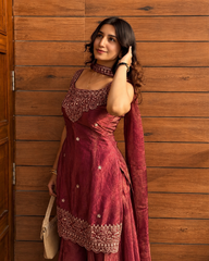 Women's Chinon Embroidered Kurta Sharara Set with Dupatta