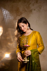 Women’s Embroidered Vatican Kurta Pant Set with Jacquard Golden Zari Dupatta