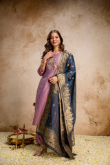Women’s Embroidered Vatican Kurta Pant Set with Jacquard Golden Zari Dupatta