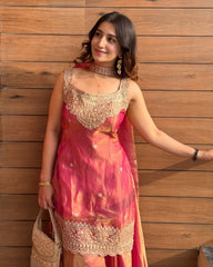 Women’s Embroidered Fendy Kurta Sharara Set with Dupatta – Firozi, Maroon, Rani Pink & Wine