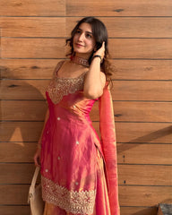 Women's Chinon Embroidered Kurta Sharara Set with Dupatta