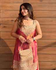 Women’s Embroidered Fendy Kurta Sharara Set with Dupatta – Firozi, Maroon, Rani Pink & Wine