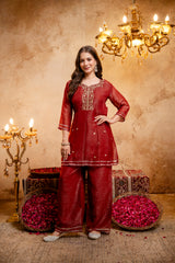 Women's Embroidered Crunchy Kurta Palazzo Set with Dupatta | 3/4 Sleeve Ethnic Party Wear Set