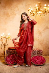 Women's Embroidered Crunchy Kurta Palazzo Set with Dupatta | 3/4 Sleeve Ethnic Party Wear Set