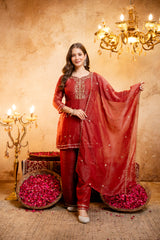 Women's Embroidered Crunchy Kurta Palazzo Set with Dupatta | 3/4 Sleeve Ethnic Party Wear Set