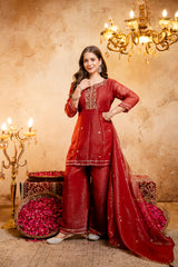 Women's Embroidered Crunchy Kurta Palazzo Set with Dupatta | 3/4 Sleeve Ethnic Party Wear Set