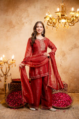 Women's Embroidered Crunchy Kurta Palazzo Set with Dupatta | 3/4 Sleeve Ethnic Party Wear Set