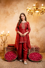 Women's Embroidered Crunchy Kurta Palazzo Set with Dupatta | 3/4 Sleeve Ethnic Party Wear Set