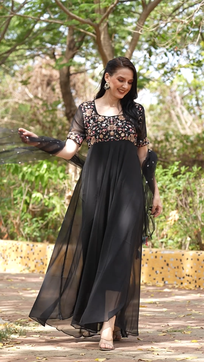 Black Party Wear Floral Embroidered Anarkali with Dupatta