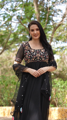 Black Party Wear Floral Embroidered Anarkali with Dupatta