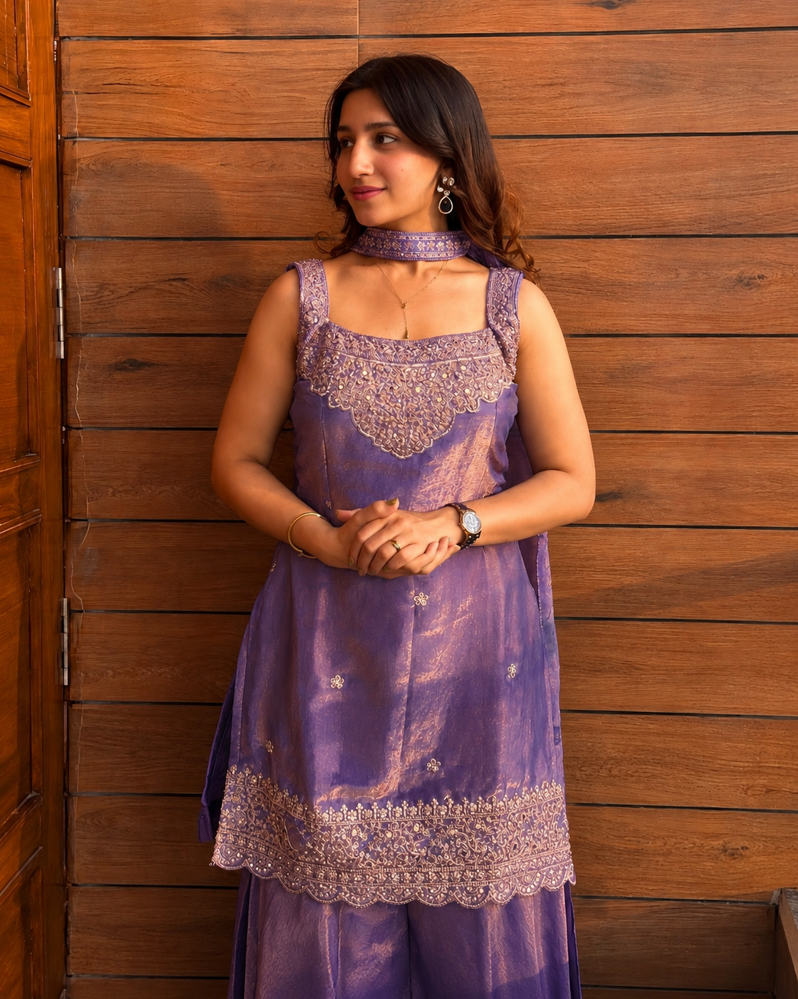 Women's Chinon Embroidered Kurta Sharara Set with Dupatta