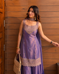 Women's Chinon Embroidered Kurta Sharara Set with Dupatta