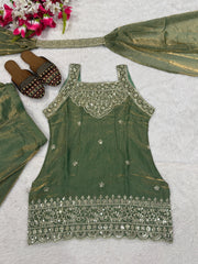 Women's Chinon Embroidered Kurta Sharara Set with Dupatta