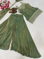 Women's Chinon Embroidered Kurta Sharara Set with Dupatta