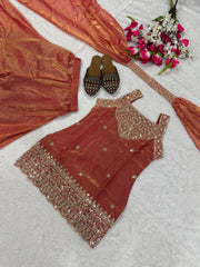 Women’s Embroidered Fendy Kurta Sharara Set with Dupatta – Firozi, Maroon, Rani Pink & Wine