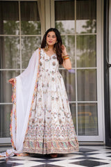 Women's White Georgette Jaipuri Thread Embroidered Anarkali Gown with Dupatta | Festive & Party Wear