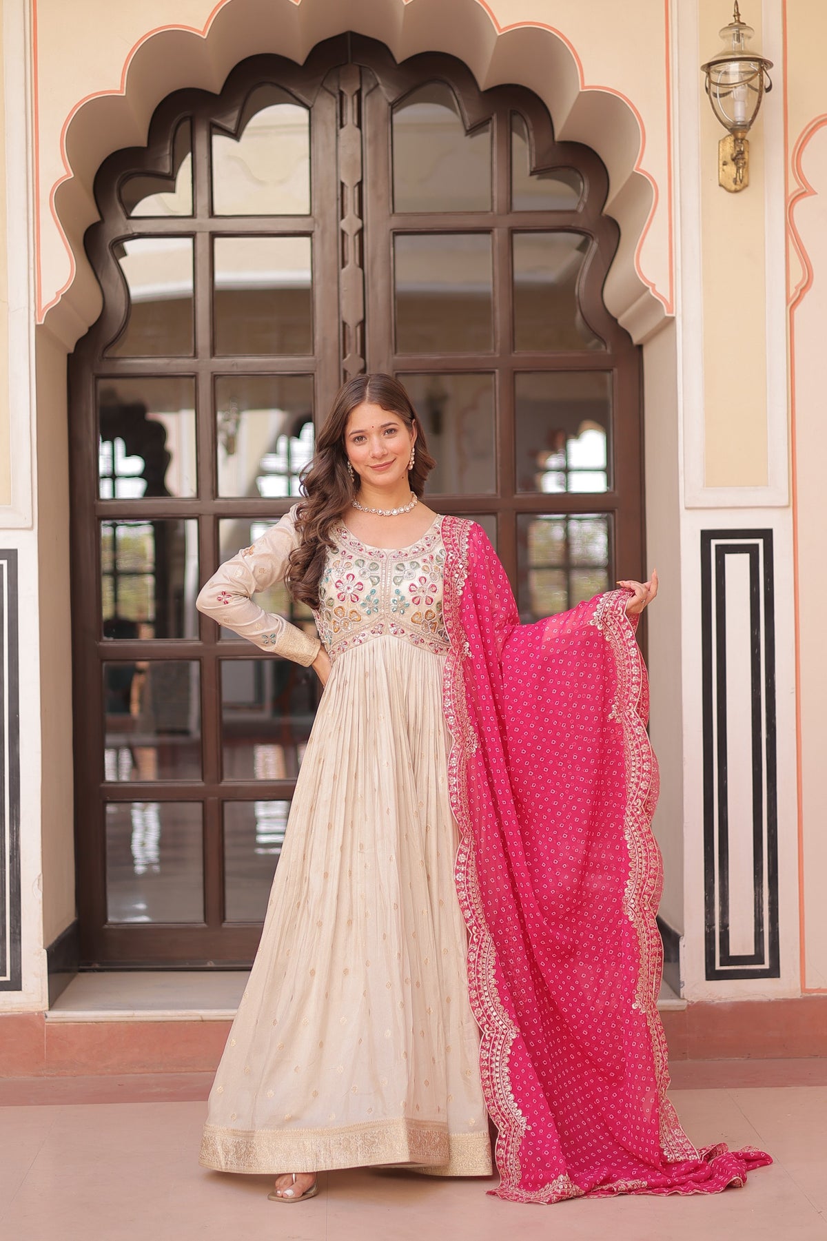 Premium Cosmos Jacquard Embroidered Gown with Bandhani Dupatta