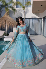 Sky Blue Embroidered Lehenga Choli Set with Dupatta