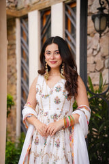 Women's White Georgette Jaipuri Thread Embroidered Anarkali Gown with Dupatta | Festive & Party Wear