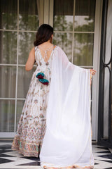 Women's White Georgette Jaipuri Thread Embroidered Anarkali Gown with Dupatta | Festive & Party Wear