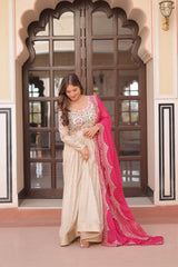 Premium Cosmos Jacquard Embroidered Gown with Bandhani Dupatta