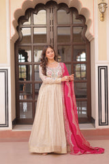 Premium Cosmos Jacquard Embroidered Gown with Bandhani Dupatta