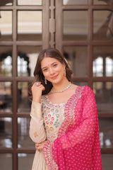 Premium Cosmos Jacquard Embroidered Gown with Bandhani Dupatta