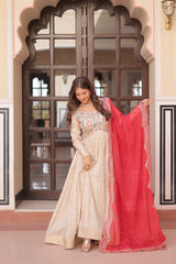 Premium Cosmos Jacquard Embroidered Gown with Bandhani Dupatta