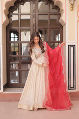 Premium Cosmos Jacquard Embroidered Gown with Bandhani Dupatta