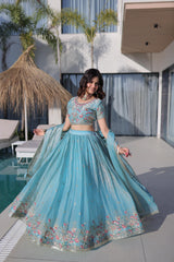 Sky Blue Embroidered Lehenga Choli Set with Dupatta