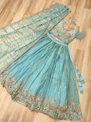 Sky Blue Embroidered Lehenga Choli Set with Dupatta