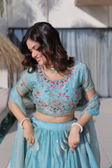 Sky Blue Embroidered Lehenga Choli Set with Dupatta