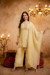 Women's Embroidered Crunchy Kurta Palazzo Set with Dupatta | 3/4 Sleeve Ethnic Party Wear Set