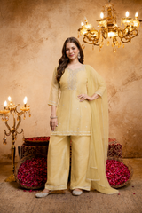 Women's Embroidered Crunchy Kurta Palazzo Set with Dupatta | 3/4 Sleeve Ethnic Party Wear Set