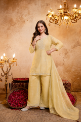 Women's Embroidered Crunchy Kurta Palazzo Set with Dupatta | 3/4 Sleeve Ethnic Party Wear Set