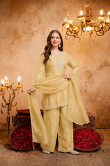 Women's Embroidered Crunchy Kurta Palazzo Set with Dupatta | 3/4 Sleeve Ethnic Party Wear Set