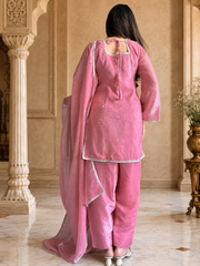 Women's Peach Crinkle Straight Kurta Patiala Set with Dupatta | Diamond Sequin Work