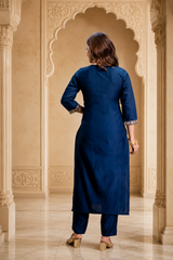 Women's Petrol Roman Embroidered Straight Kurta Pant Set with Digital Printed Dupatta