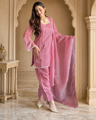 Women's Peach Crinkle Straight Kurta Patiala Set with Dupatta | Diamond Sequin Work