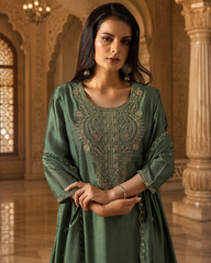 Women's Festive Embroidered Vichitra Suit Set with Dupatta