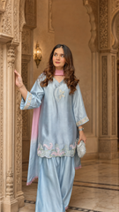 Sky Blue Embroidered Festive Kurti with Punjabi Salwar & Ombre Dupatta – 3 Piece Set