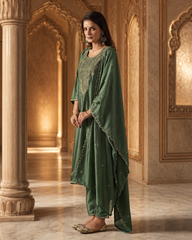 Women's Festive Embroidered Vichitra Suit Set with Dupatta