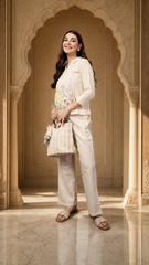 Premium Women's Casual Co-Ord Set | Floral Embroidered Off-White Outfit