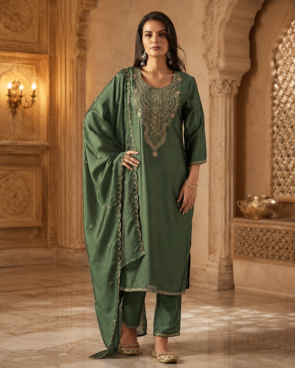 Women's Festive Embroidered Vichitra Suit Set with Dupatta