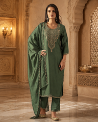 Women's Festive Embroidered Vichitra Suit Set with Dupatta
