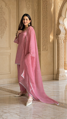 Women's Peach Crinkle Straight Kurta Patiala Set with Dupatta | Diamond Sequin Work