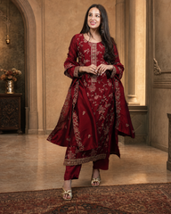 Elegant Maroon Embroidered Vichitra Silk Kurta Set with Dupatta