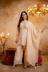 Women's Embroidered Crunchy Kurta Palazzo Set with Dupatta | 3/4 Sleeve Ethnic Party Wear Set