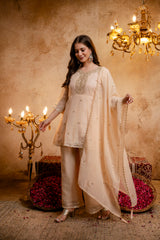 Women's Embroidered Crunchy Kurta Palazzo Set with Dupatta | 3/4 Sleeve Ethnic Party Wear Set
