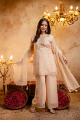Women's Embroidered Crunchy Kurta Palazzo Set with Dupatta | 3/4 Sleeve Ethnic Party Wear Set